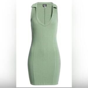 BDG Women’s Green Ribbed Bodycon Sleevless Scoop Neck Dress With Collar LG